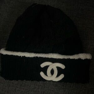 CHANEL Black Knit Beanie with White CC Button Accent